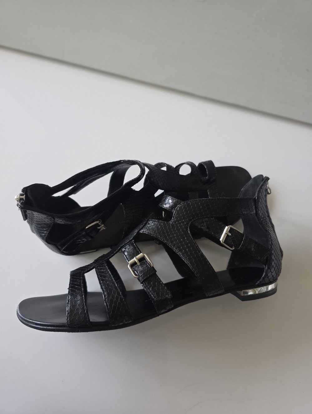 Vintage Giuseppe Zanotti Black Snake-Print Gladiator Sandals - Size 41